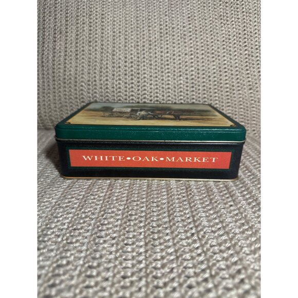 Vintage White Oak Market Tin Storage Box Nostalgic Horse Drawn Wagon Decor - Picture 2 of 10